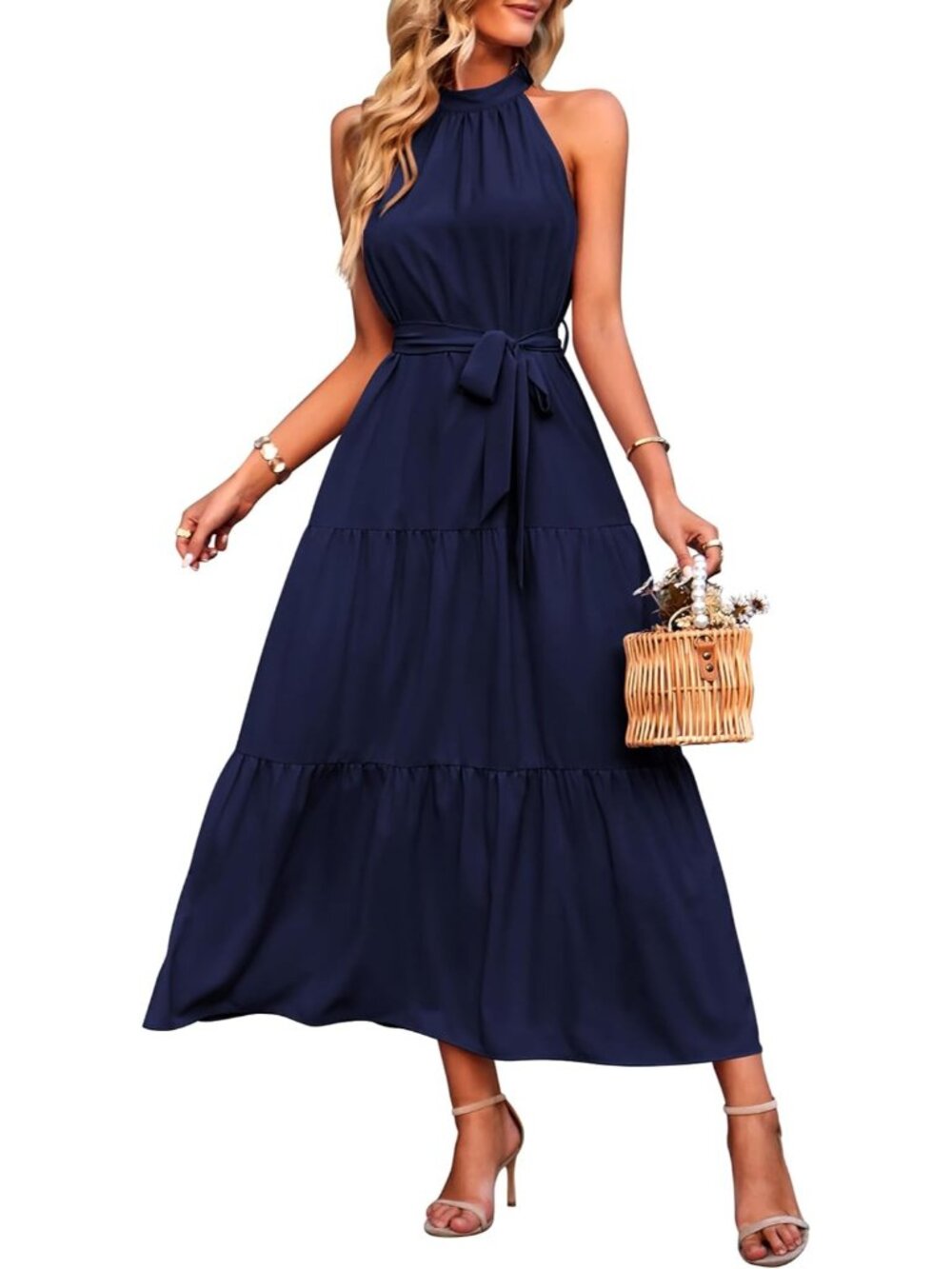 Women's Navy Summer Floral Maxi Sun Dress Sleeveless Halter Neck Flowy Ruffle